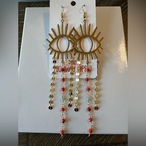 Highway Hippie Eye-Shaped Gold Earrings with Beaded Chains